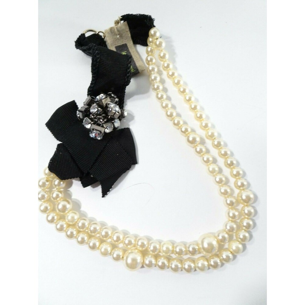 Lee Angel Neiman Marcus Pearlized Black Ribbon Crystal Bow Necklace NWT 259